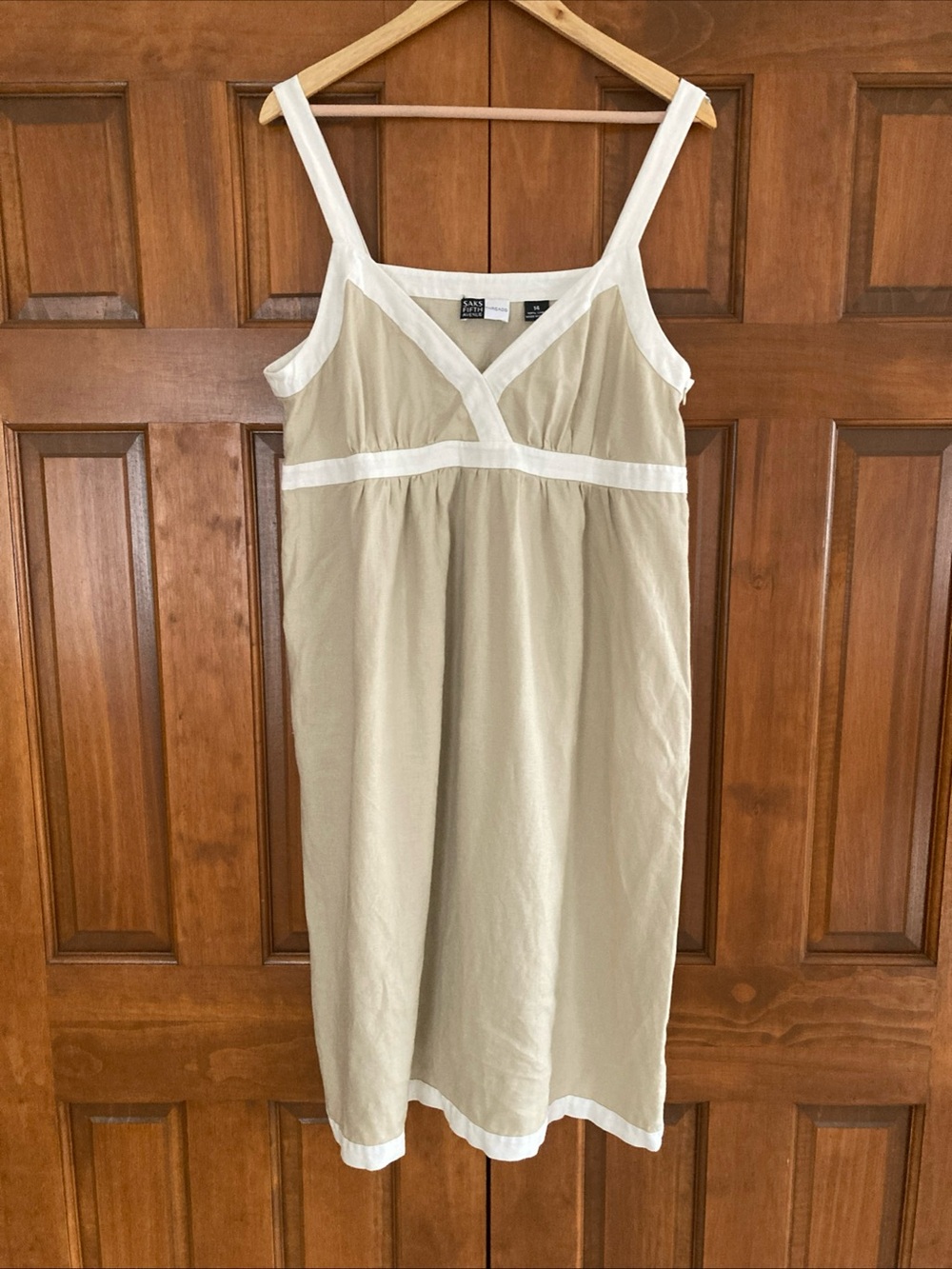 Saks Fifth Avenue Beige Midi sun Dress with White Trim linen Women’s size 14